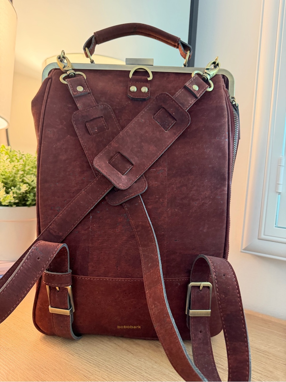 Laflore Paris Bobobark convertible backpack cork exterior in Cognac
